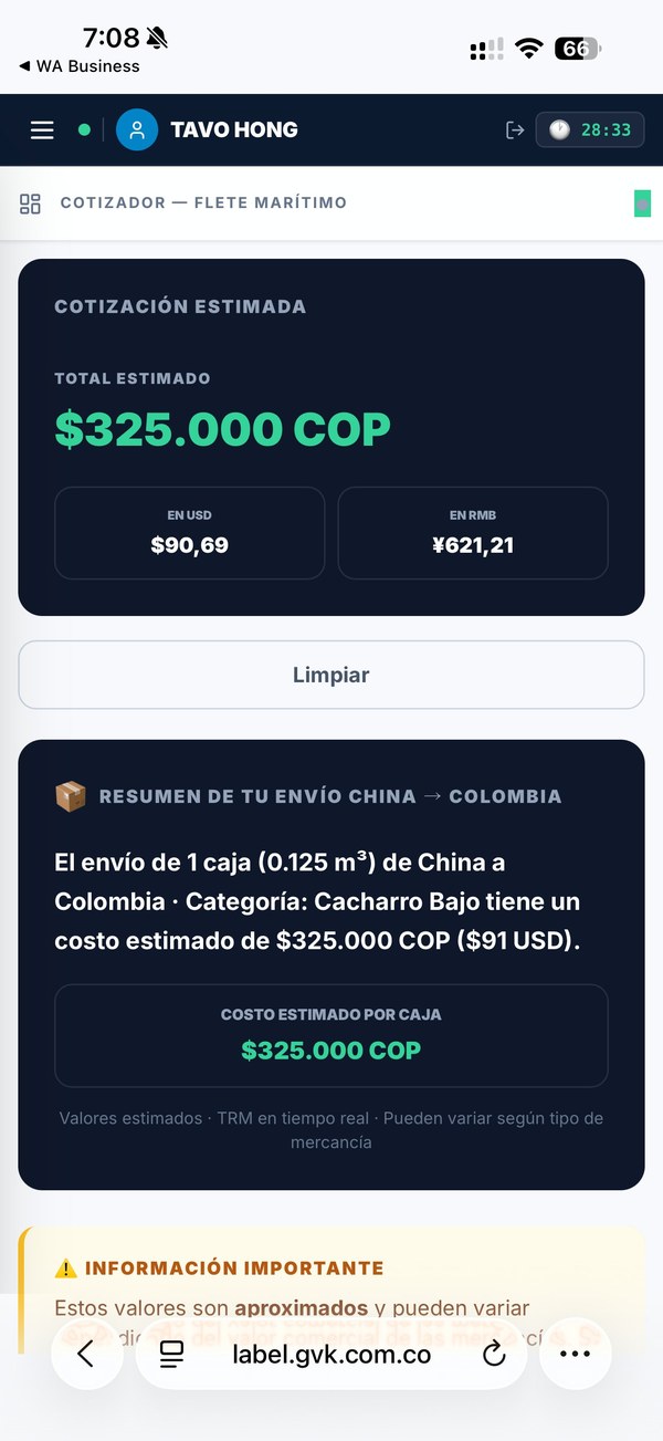 Pantalla de cotización con desglose en COP, USD y RMB