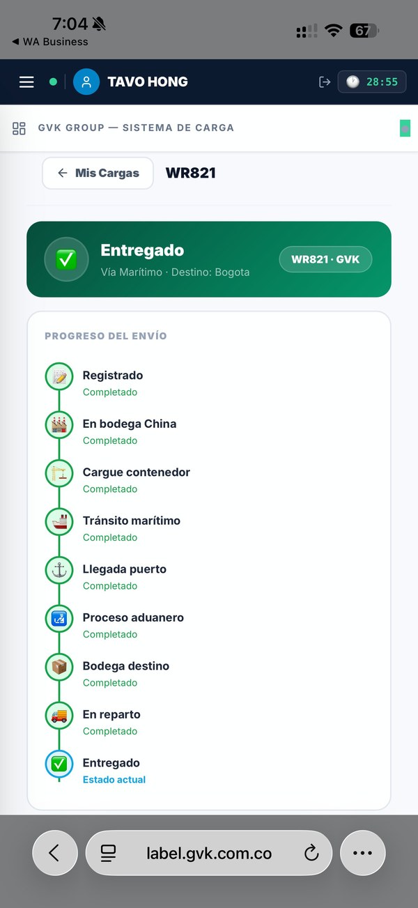 Timeline de tracking con 9 estados completados desde Registrado hasta Entregado